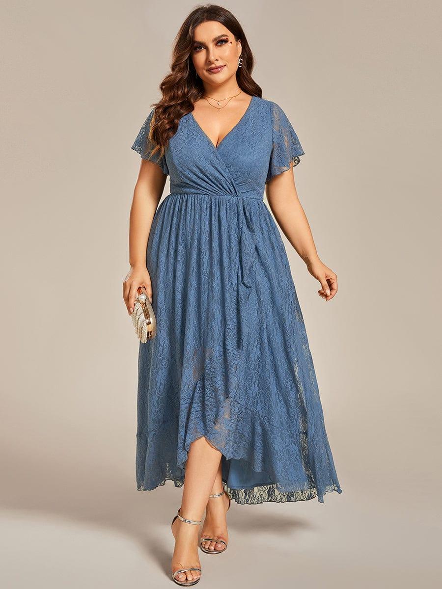 Plus Size V-Neck Ruffled Lace High-Low Wedding Guest Dress