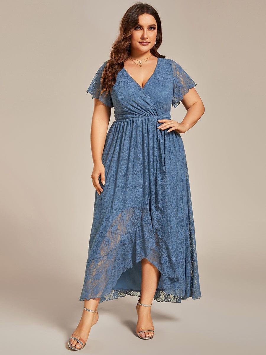 Plus Size V-Neck Ruffled Lace High-Low Wedding Guest Dress