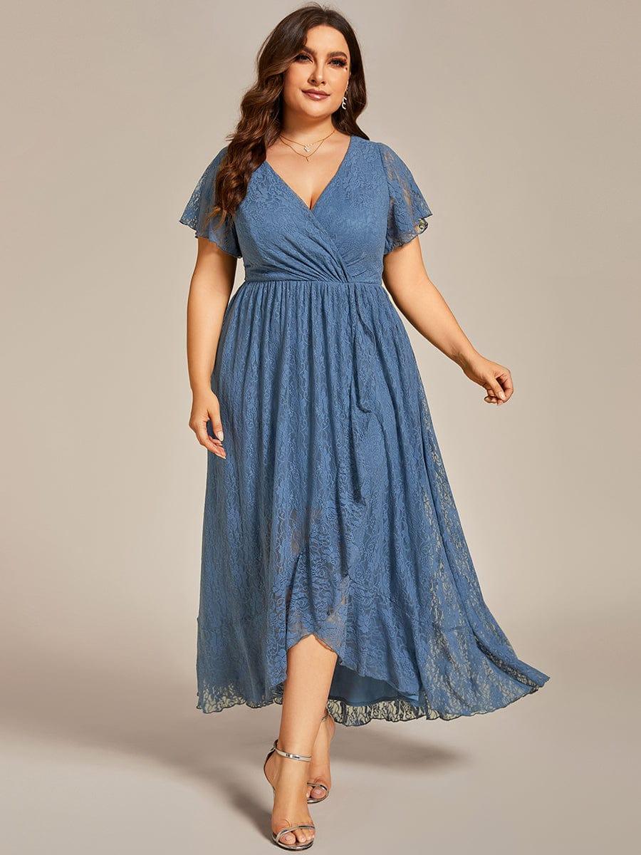 Plus Size V-Neck Ruffled Lace High-Low Wedding Guest Dress
