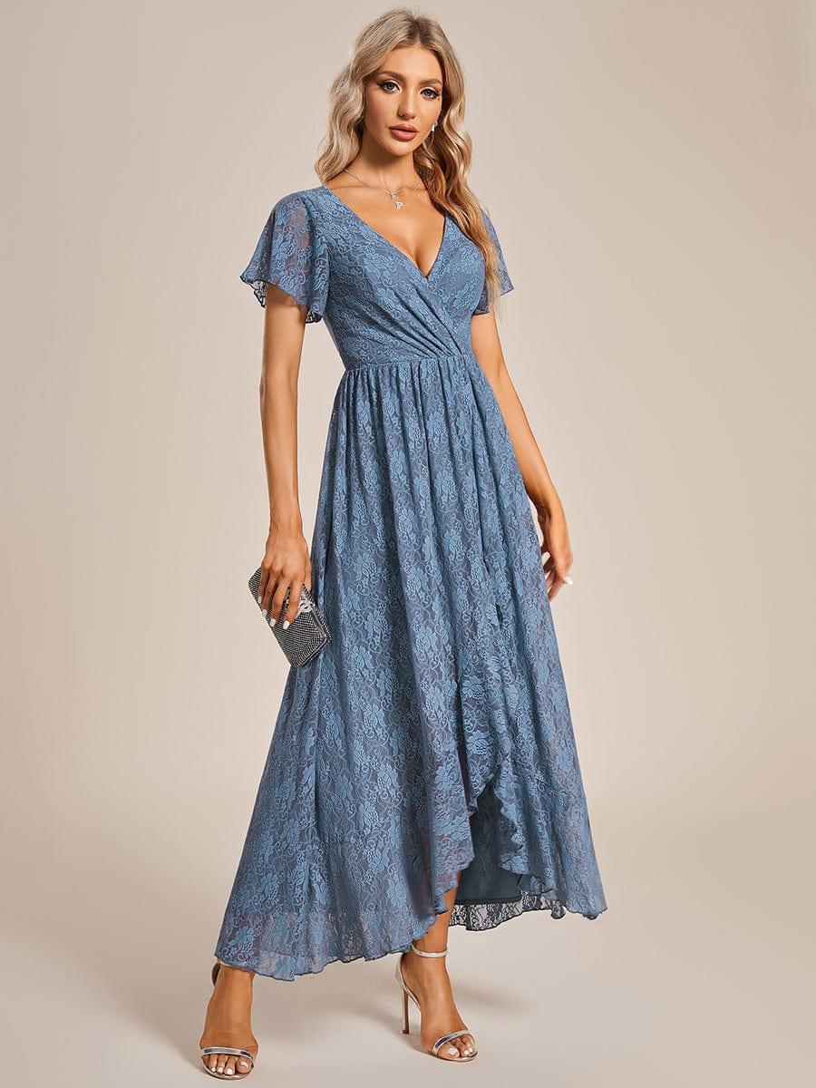 White Lace Pleated A-Line Long Formal Dress #color_Dusty Blue