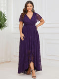 Plus Size Elegant Navy Blue Lace High-Low Evening Dress #color_Dark Purple