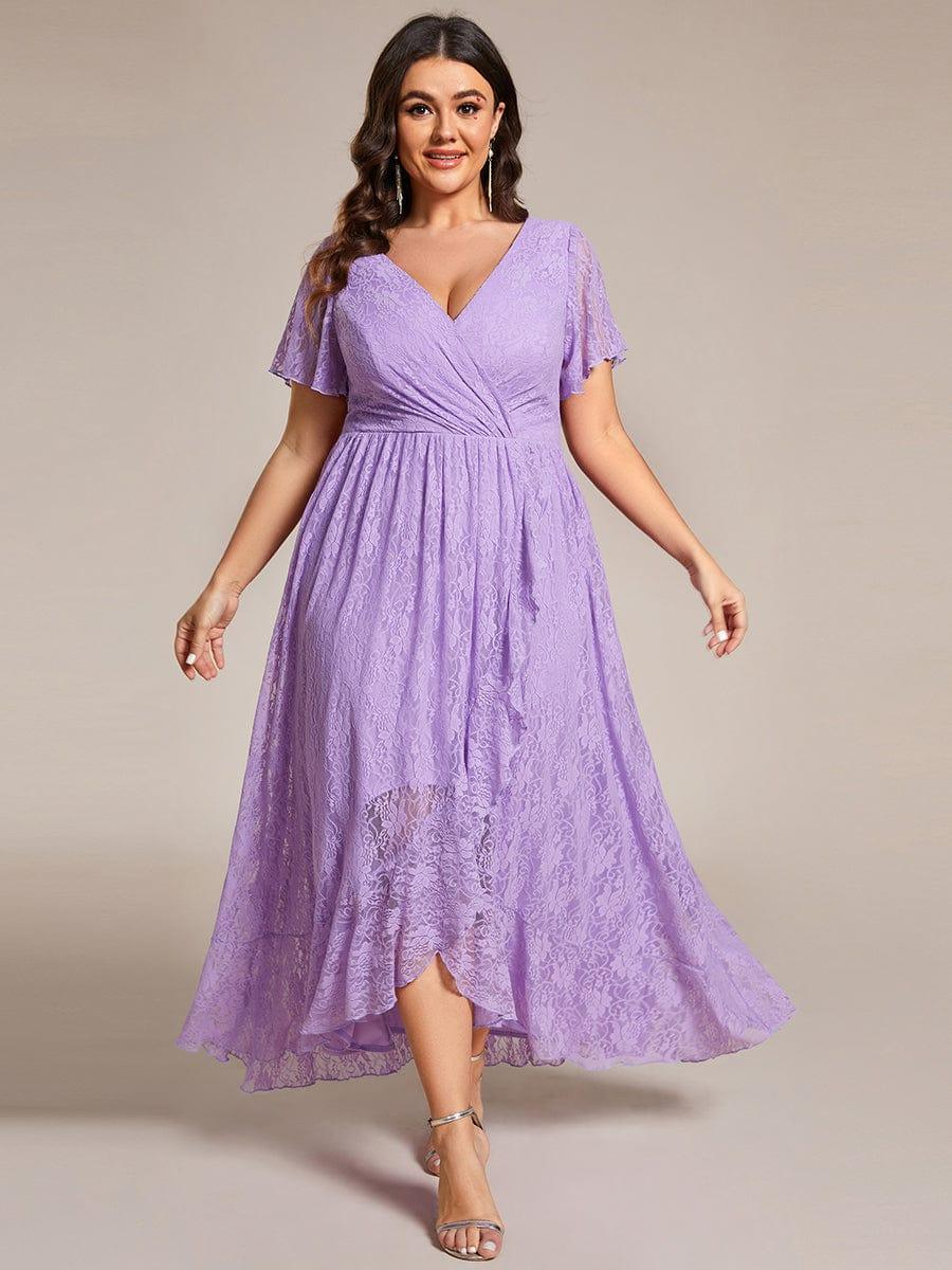 Plus Size Elegant Navy Blue Lace High-Low Evening Dress#color_Lavender