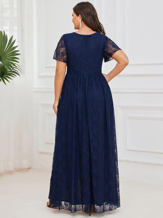 Plus Size Elegant Navy Blue Lace High-Low Evening Dress#color_Navy Blue