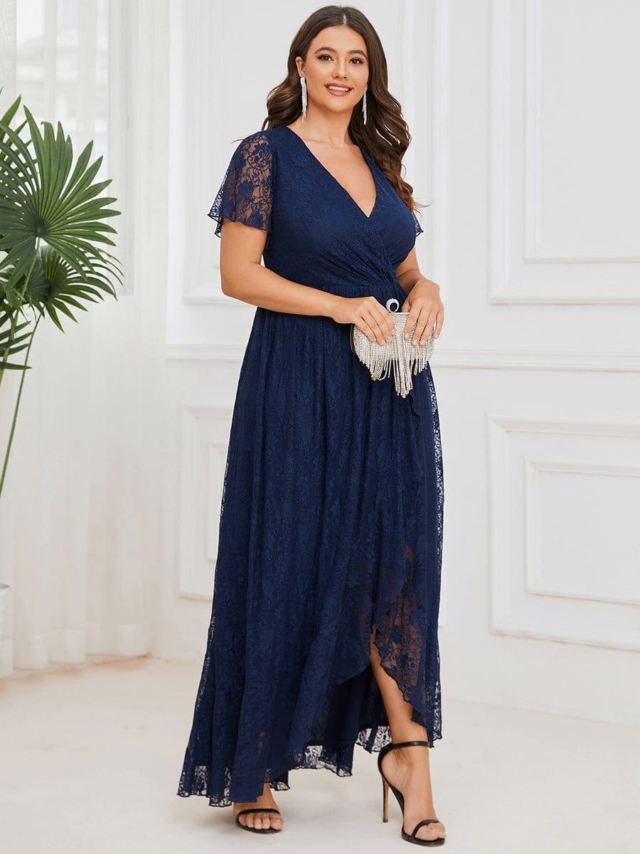 Plus Size V-Neck Ruffled Lace Formal Evening Dress