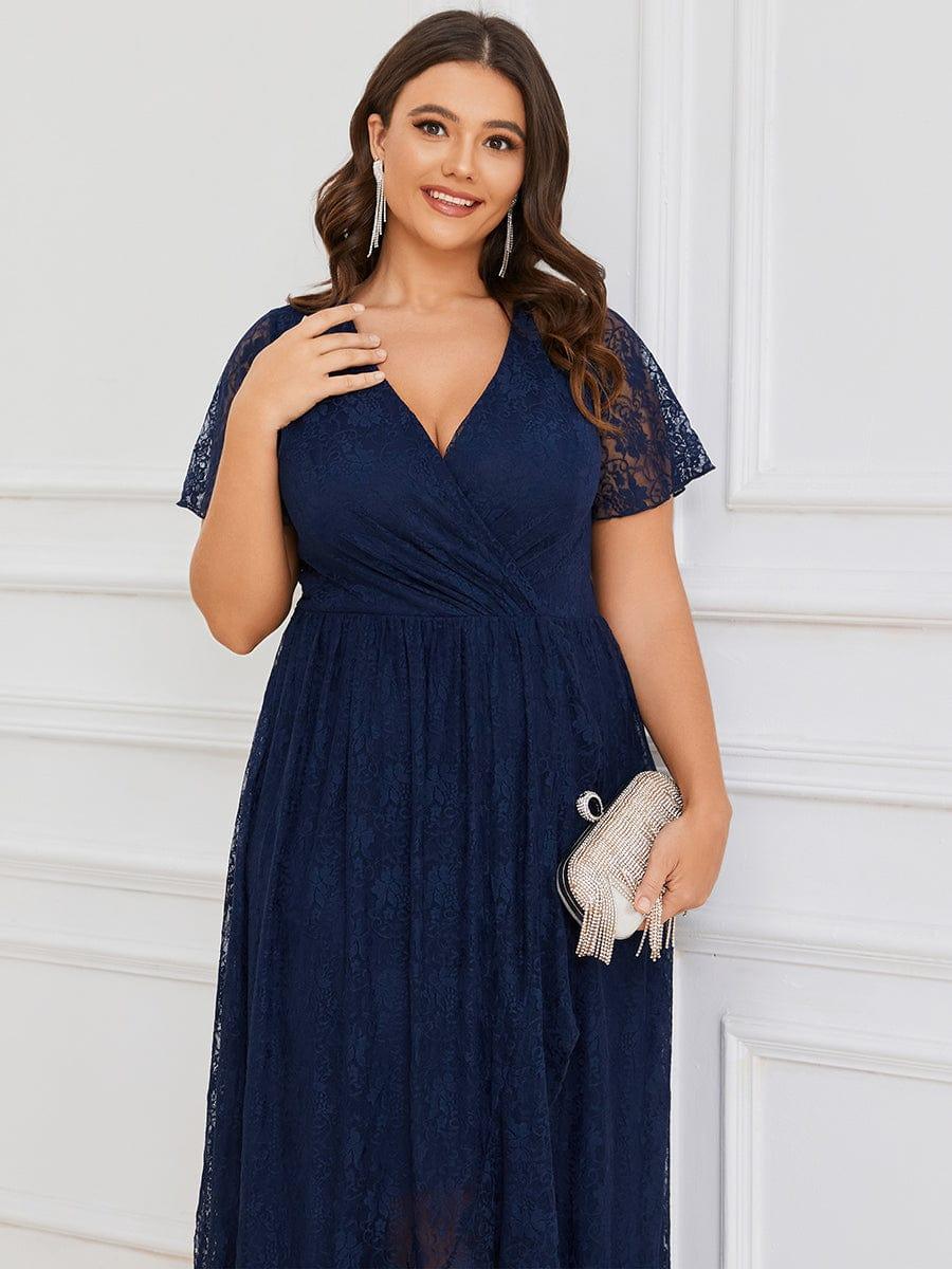 Plus Size V-Neck Ruffled Lace Formal Evening Dress