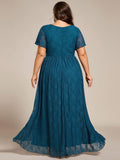 Plus Size Elegant Navy Blue Lace High-Low Evening Dress #color_Teal