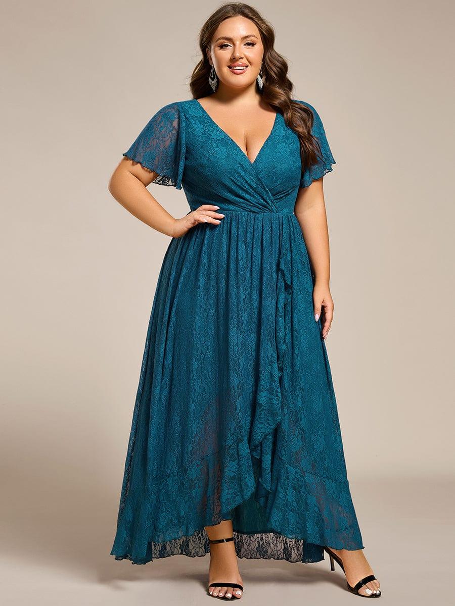 Plus Size Elegant Navy Blue Lace High-Low Evening Dress #color_Teal