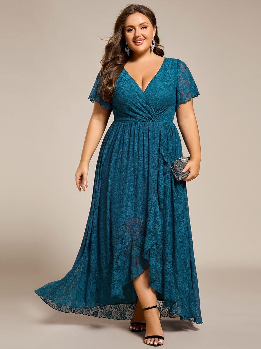 Plus Size Elegant Navy Blue Lace High-Low Evening Dress #color_Teal