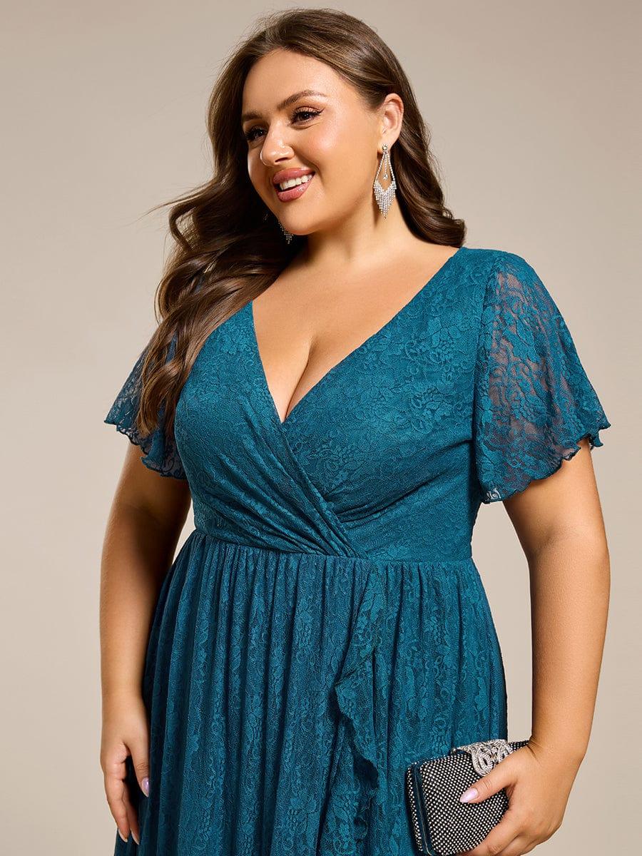 Plus Size Elegant Navy Blue Lace High-Low Evening Dress #color_Teal