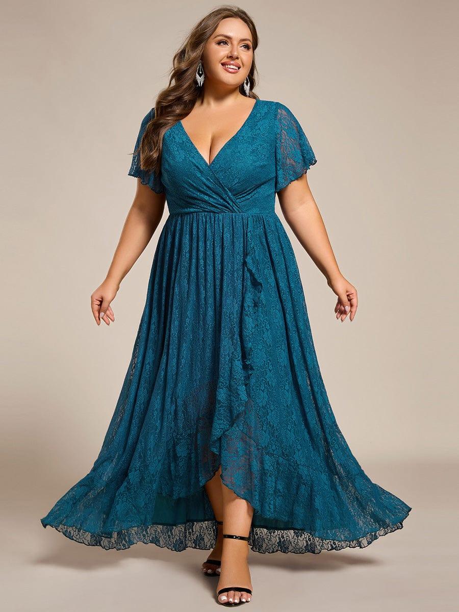 Plus Size Elegant Navy Blue Lace High-Low Evening Dress #color_Teal