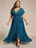 Plus Size Elegant Navy Blue Lace High-Low Evening Dress #color_Teal