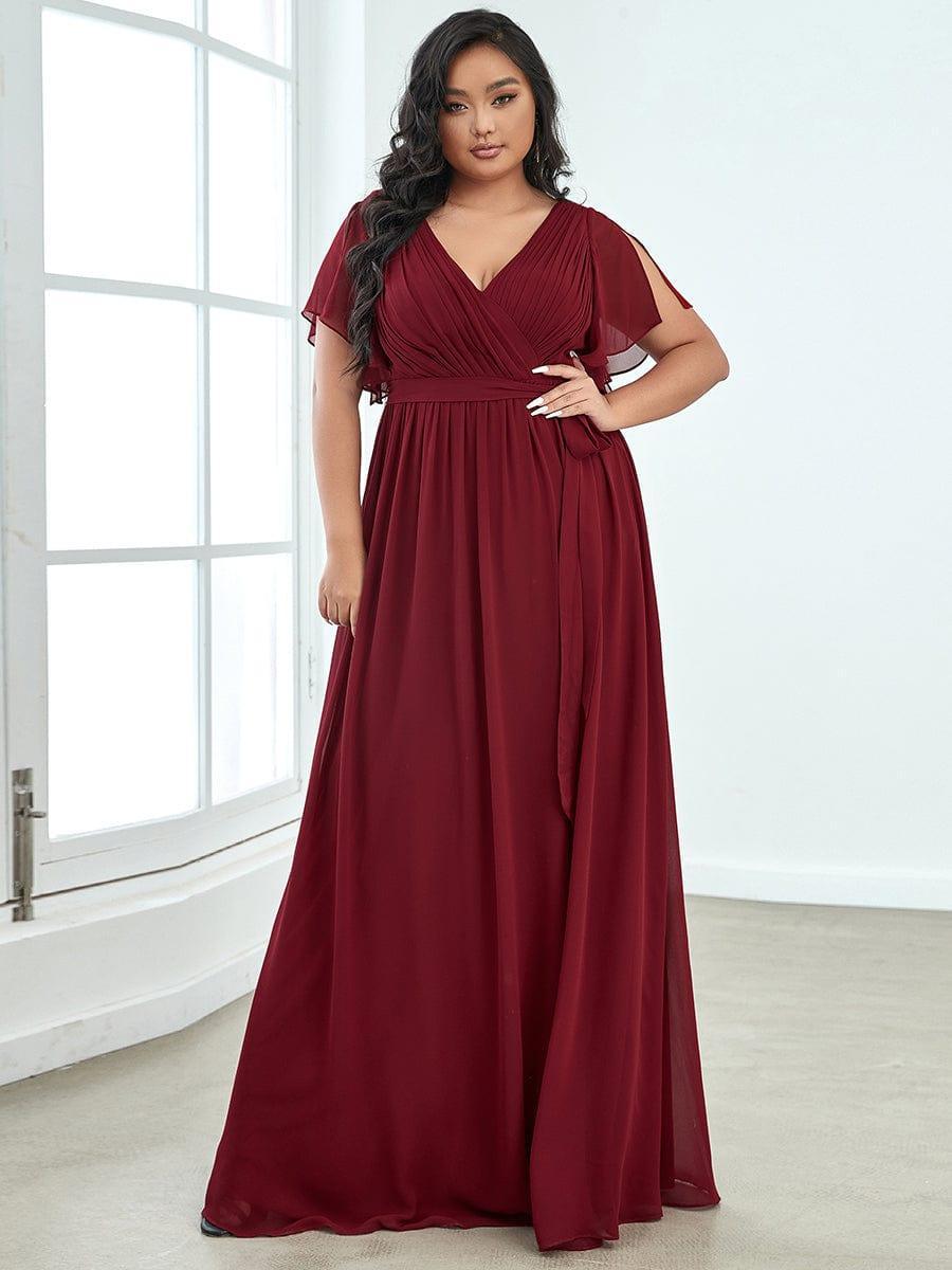 Burgundy V-Neck Chiffon Empire Waist Evening Dress #color_Burgundy