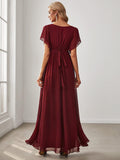 Burnt Orange A-Line Pleated Formal Dress with Belt #color_Burgundy