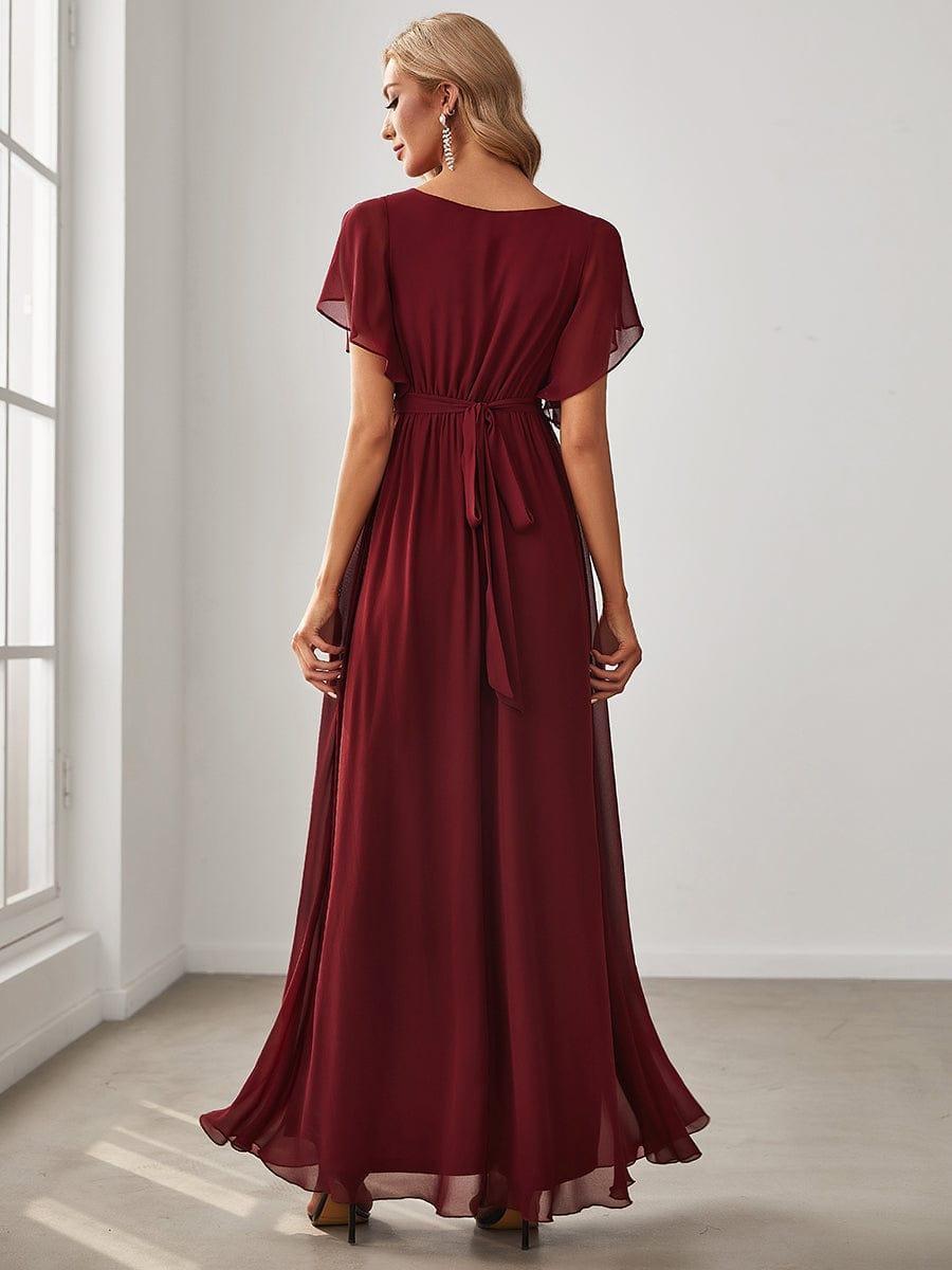 Burgundy V-Neck Chiffon Empire Waist Evening Dress #color_Burgundy