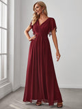 Burgundy V-Neck Chiffon Empire Waist Evening Dress #color_Burgundy