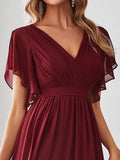 Burgundy V-Neck Chiffon Empire Waist Evening Dress #color_Burgundy