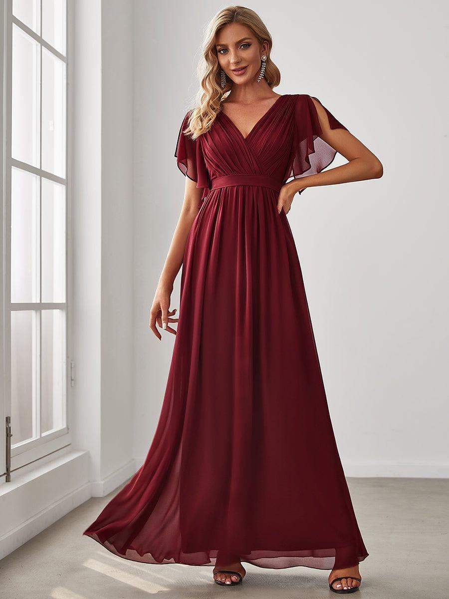 Burnt Orange A-Line Pleated Formal Dress with Belt #color_Burgundy
