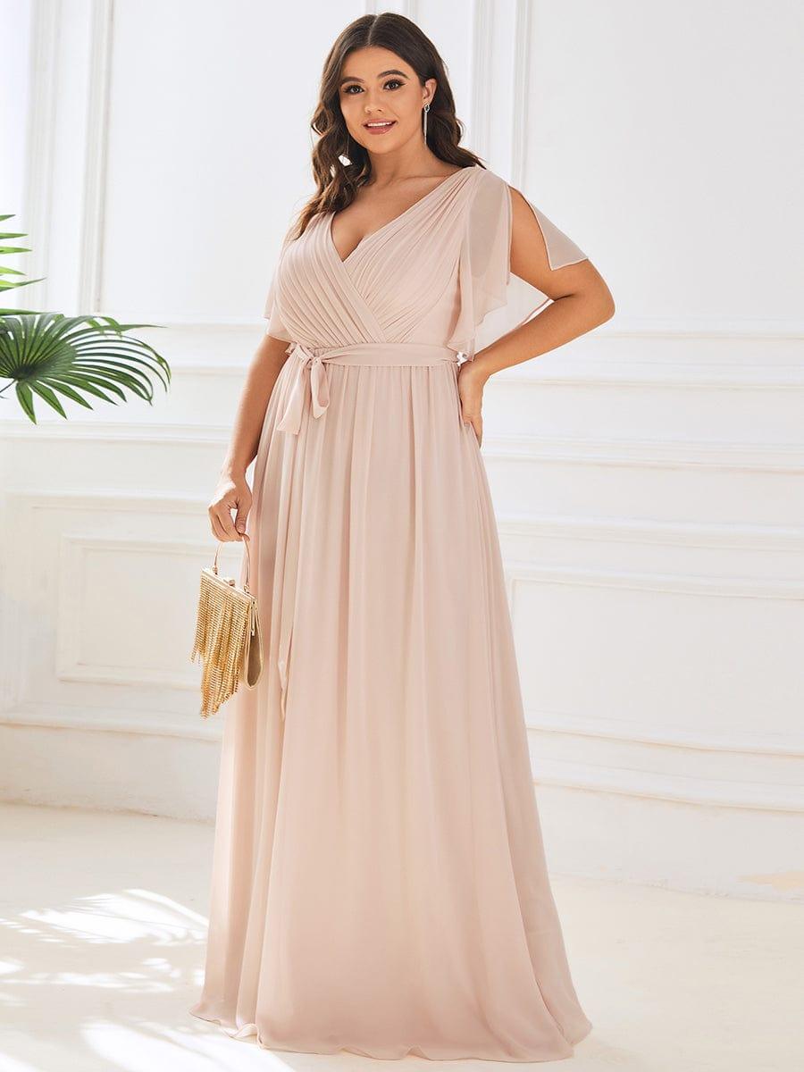 Mint Green Pleated A-Line Evening Dress with Sleeves #color_Blush