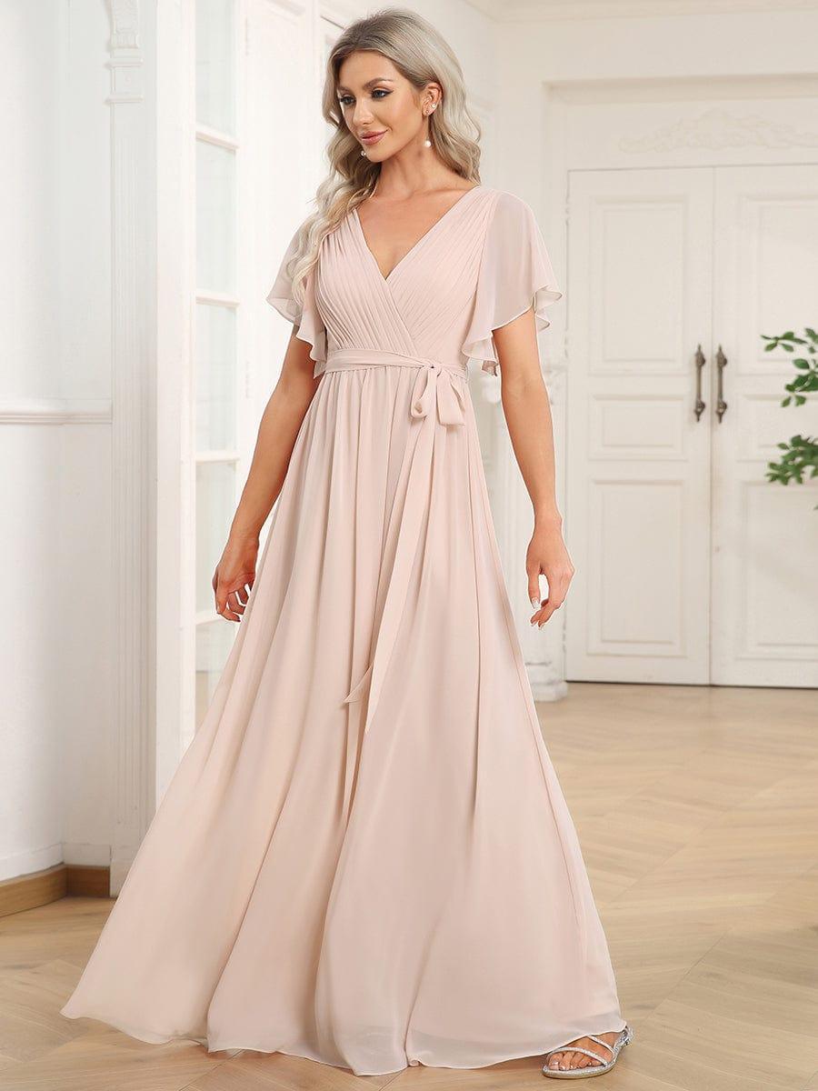 Mint Green Pleated A-Line Evening Dress with Sleeves#color_Blush