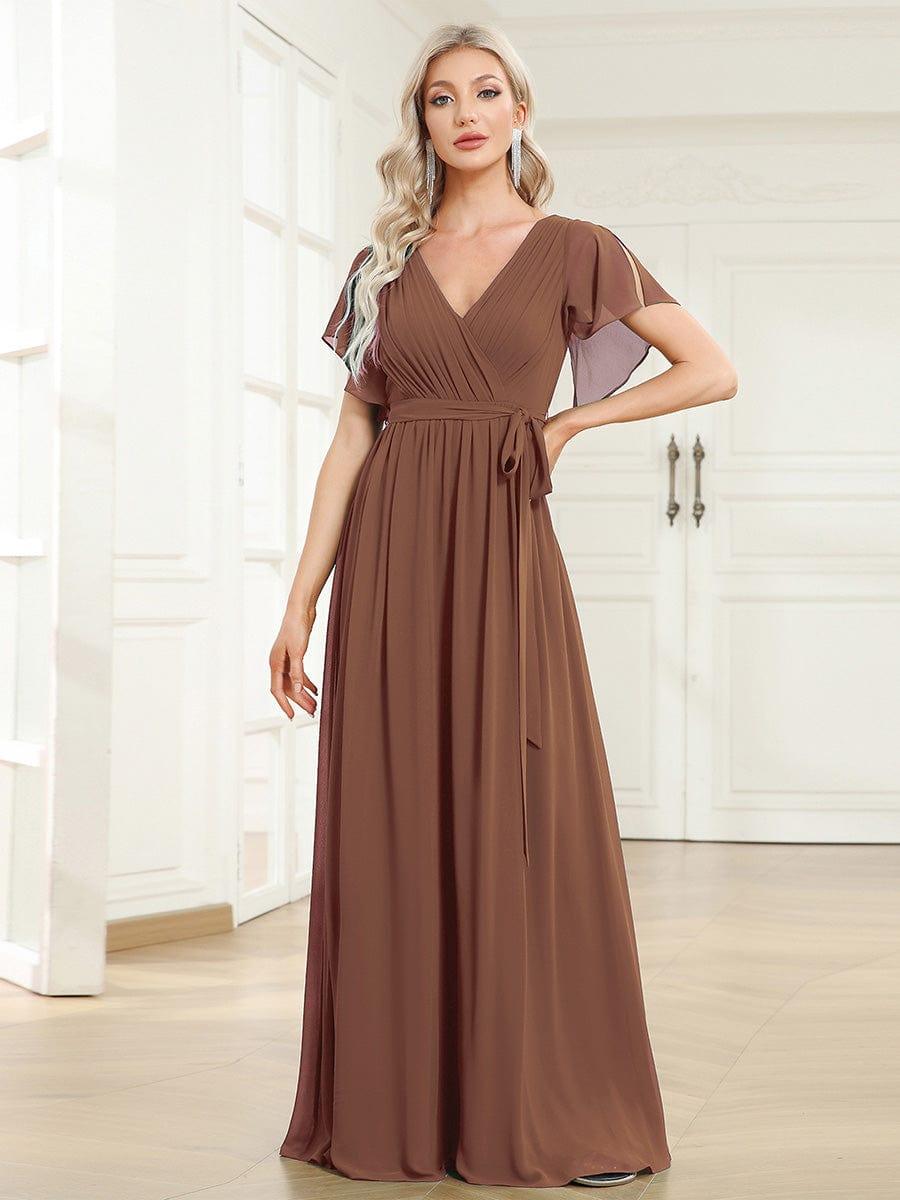 Burgundy V-Neck Chiffon Empire Waist Evening Dress
