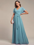 Burgundy V-Neck Chiffon Empire Waist Evening Dress