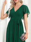 A-Line Pleated Chiffon Tie-Waist Evening Dress #color_Dark Green
