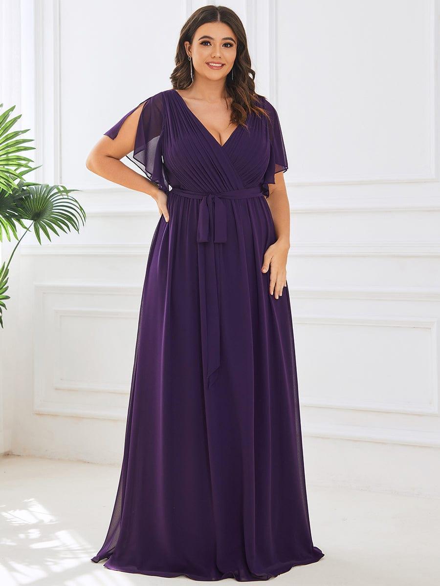Burnt Orange A-Line Pleated Formal Dress with Belt #color_Dark Purple