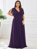 Burnt Orange A-Line Pleated Formal Dress with Belt #color_Dark Purple