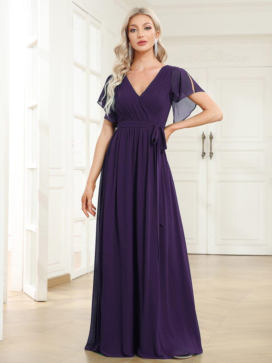 Burnt Orange A-Line Pleated Formal Dress with Belt #color_Dark Purple