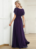 Burnt Orange A-Line Pleated Formal Dress with Belt #color_Dark Purple