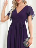 Burnt Orange A-Line Pleated Formal Dress with Belt #color_Dark Purple