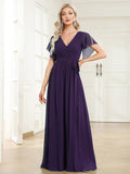 Burnt Orange A-Line Pleated Formal Dress with Belt #color_Dark Purple