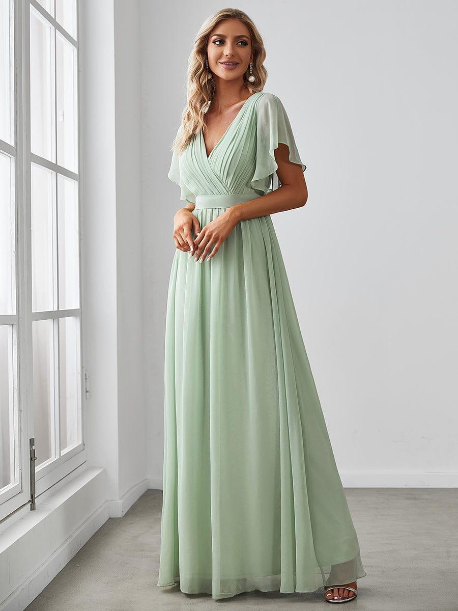 Mint Green Pleated A-Line Evening Dress with Sleeves #color_Mint Green