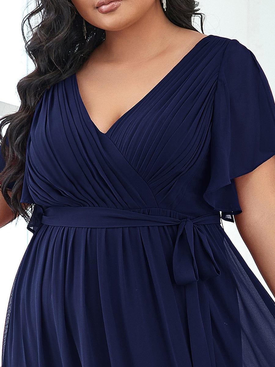 Burnt Orange A-Line Pleated Formal Dress with Belt #color_Navy Blue