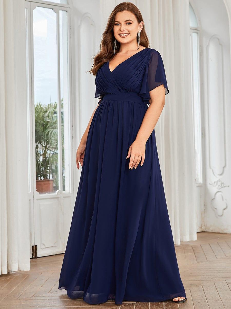 Burnt Orange A-Line Pleated Formal Dress with Belt#color_Navy Blue