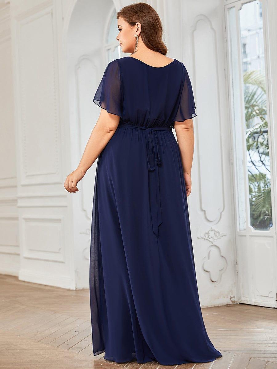 Burnt Orange A-Line Pleated Formal Dress with Belt #color_Navy Blue