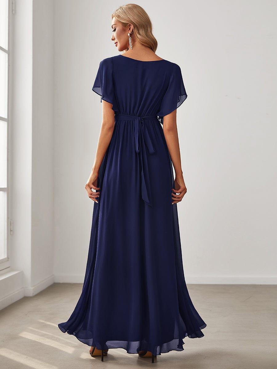 Burnt Orange A-Line Pleated Formal Dress with Belt #color_Navy Blue