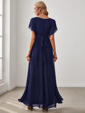 Burnt Orange A-Line Pleated Formal Dress with Belt #color_Navy Blue
