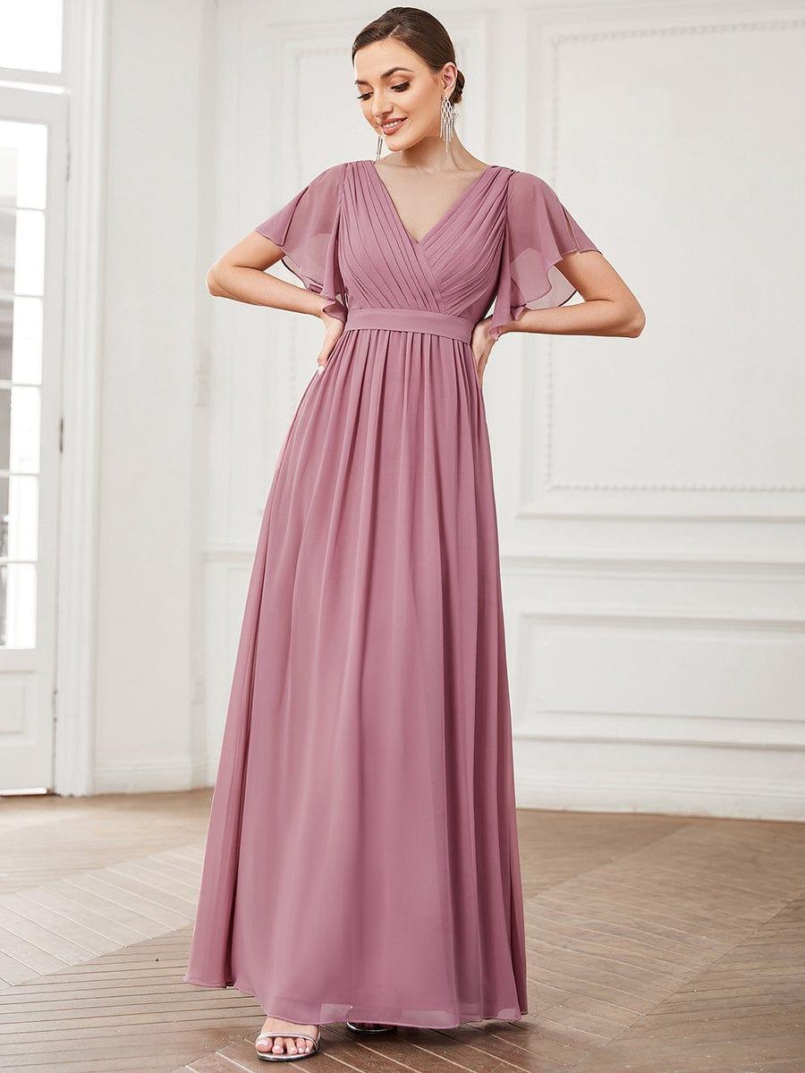 Burgundy V-Neck Chiffon Empire Waist Evening Dress