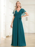 Burgundy V-Neck Chiffon Empire Waist Evening Dress
