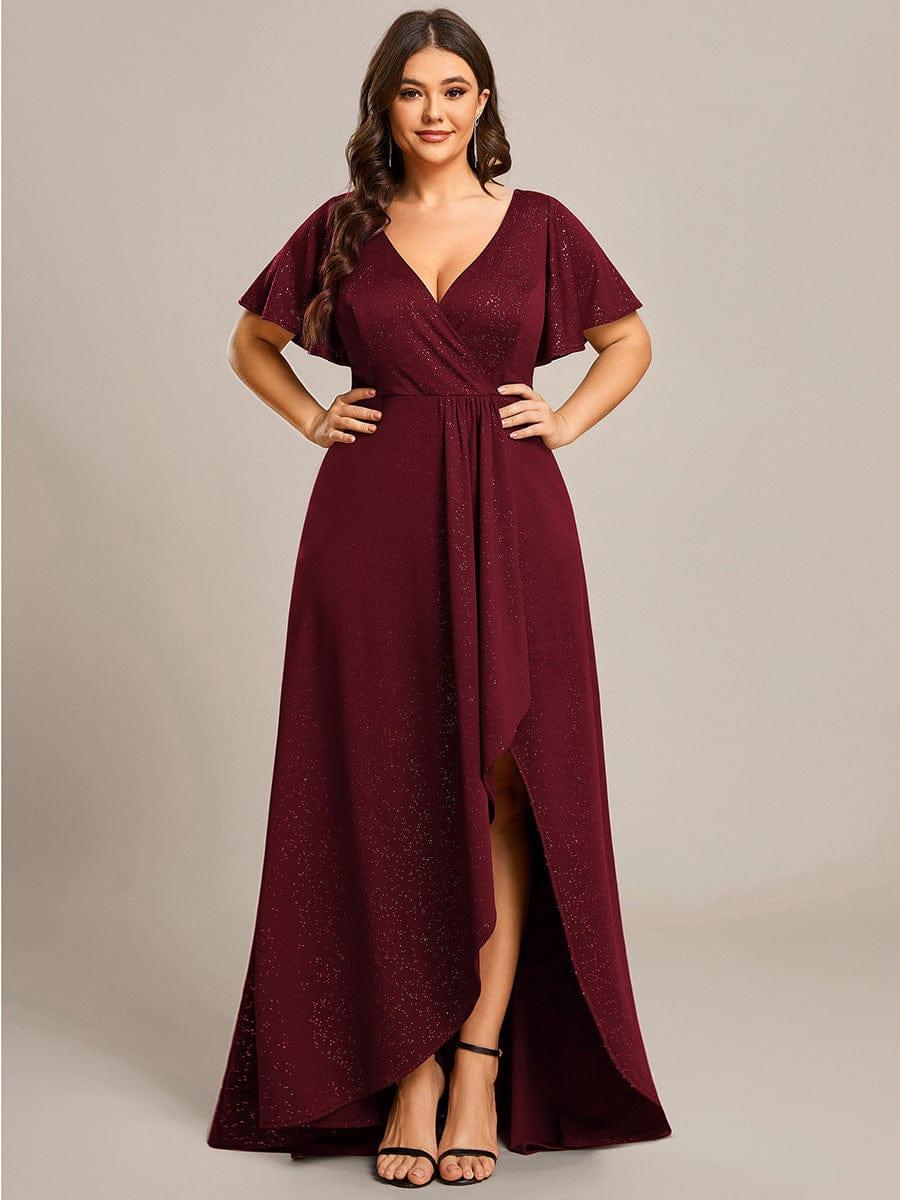 Plus Size V-Neck Sequin Evening Dress with High-Low Slit#color_Burgundy