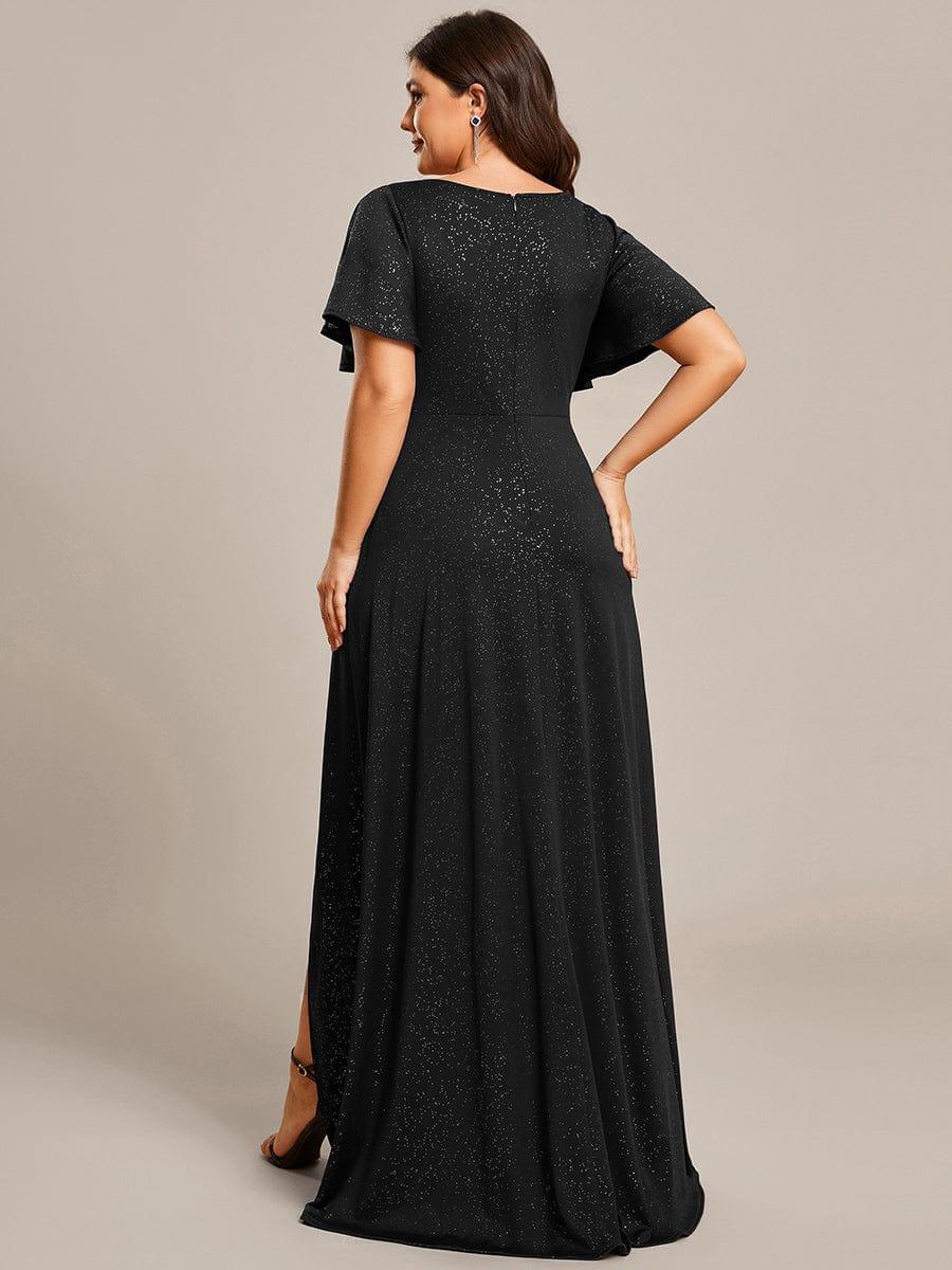 Plus Size V-Neck Sequin Evening Dress with High-Low Slit #color_Black
