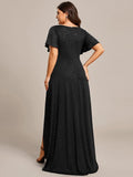 Plus Size V-Neck Sequin Evening Dress with High-Low Slit #color_Black