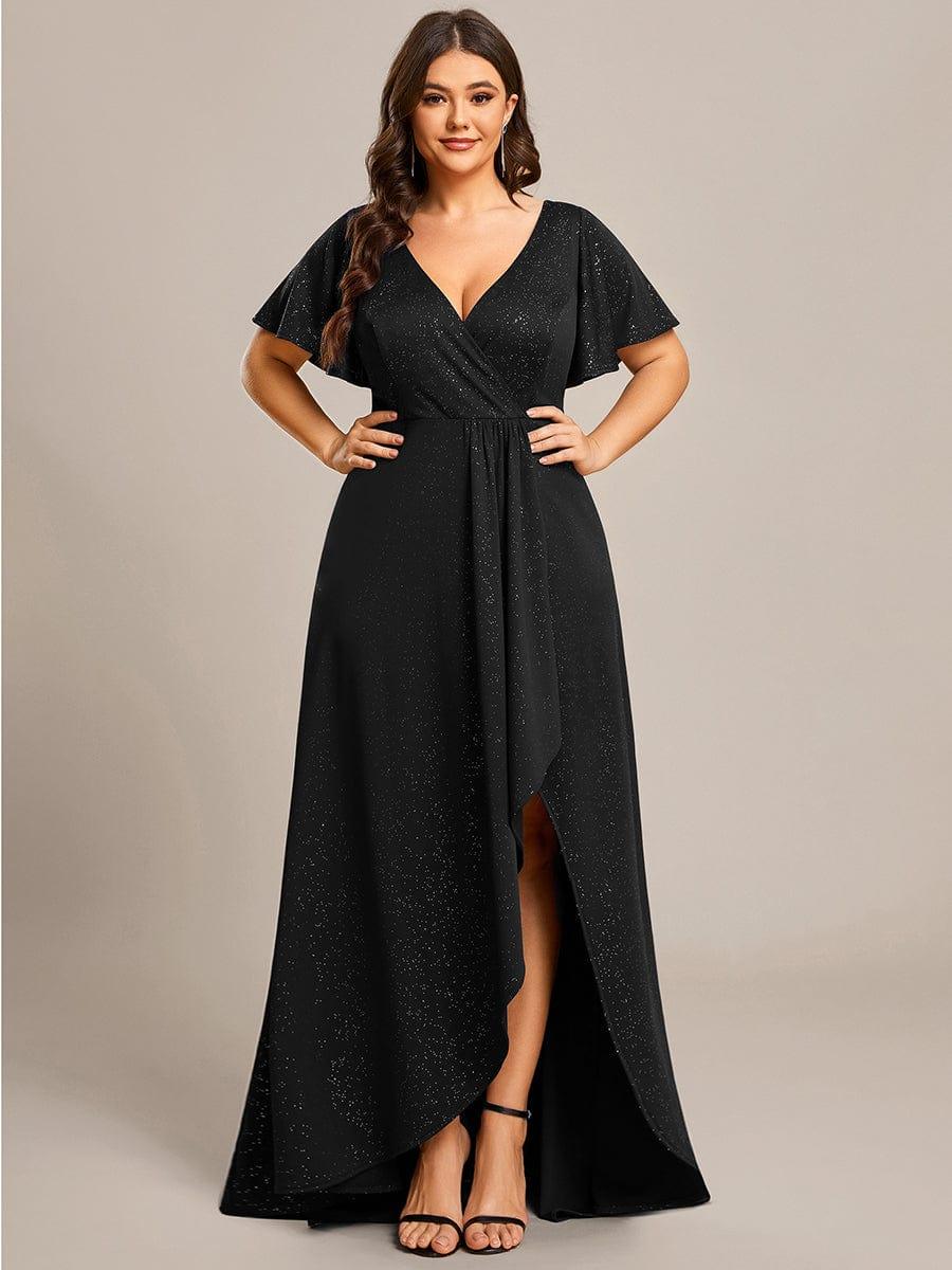Plus Size V-Neck Sequin Evening Dress with High-Low Slit #color_Black