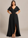Plus Size V-Neck Sequin Evening Dress with High-Low Slit #color_Black