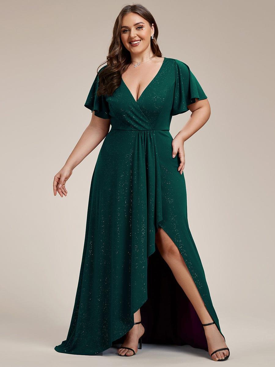 Plus Size V-Neck Sequin Evening Dress with High-Low Slit #color_Dark Green
