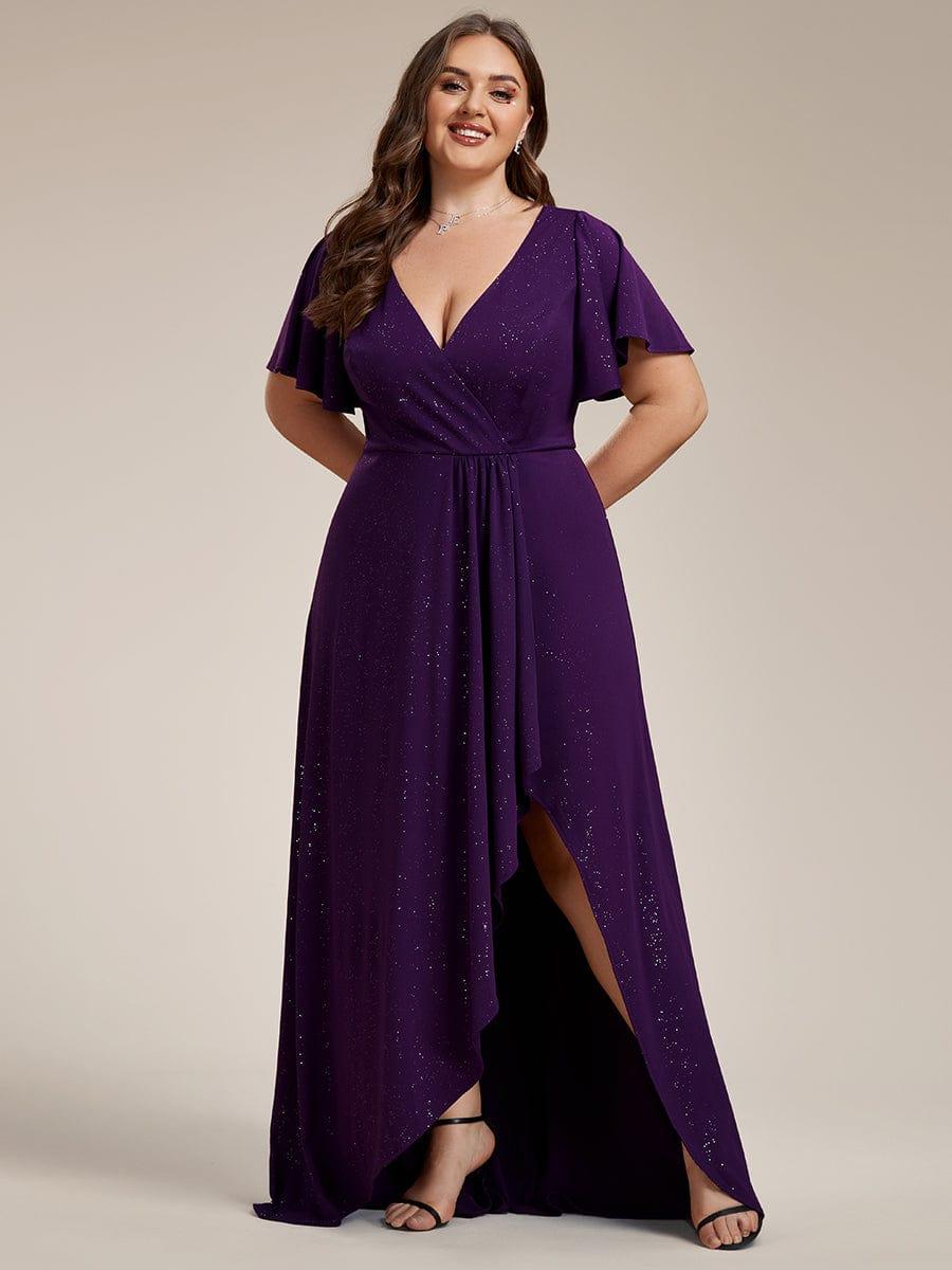 Plus Size V-Neck Sequin Evening Dress with High-Low Slit#color_Dark Purple