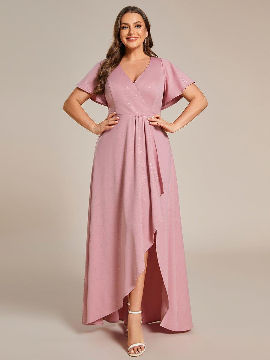 Plus Size V-Neck Sequin Evening Dress with High-Low Slit #color_Dusty Rose