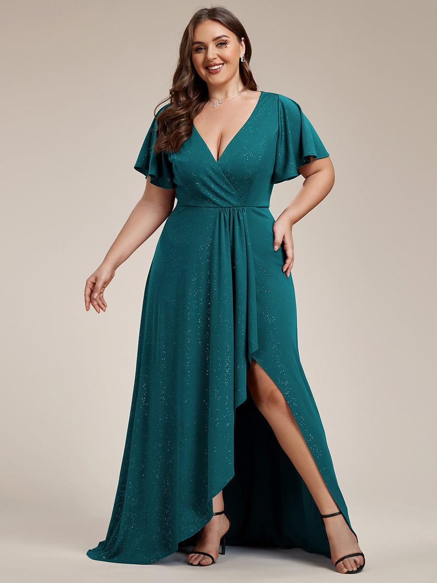 Plus Size V-Neck Sequin Evening Dress with High-Low Slit #color_Teal