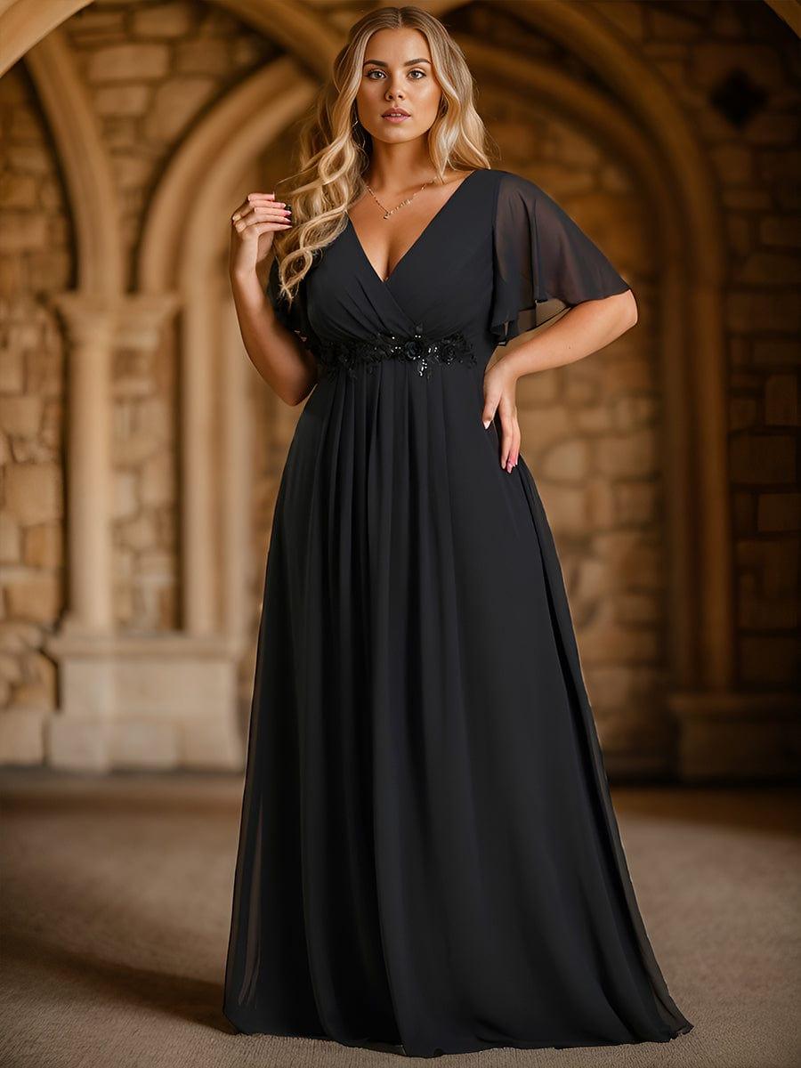 Plus Size V-Neck Waist Applique Chiffon Formal Evening Dress